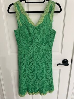 McGinn Green Lace V-Neck Wedding Dress with Lime Trim